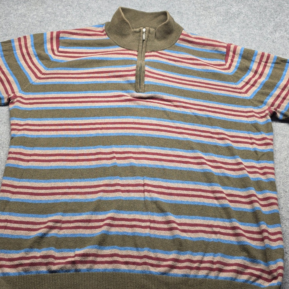 LL Bean Mens Large Tall Cotton Cashmere Quarter Zip Striped Sweater Olive 503237